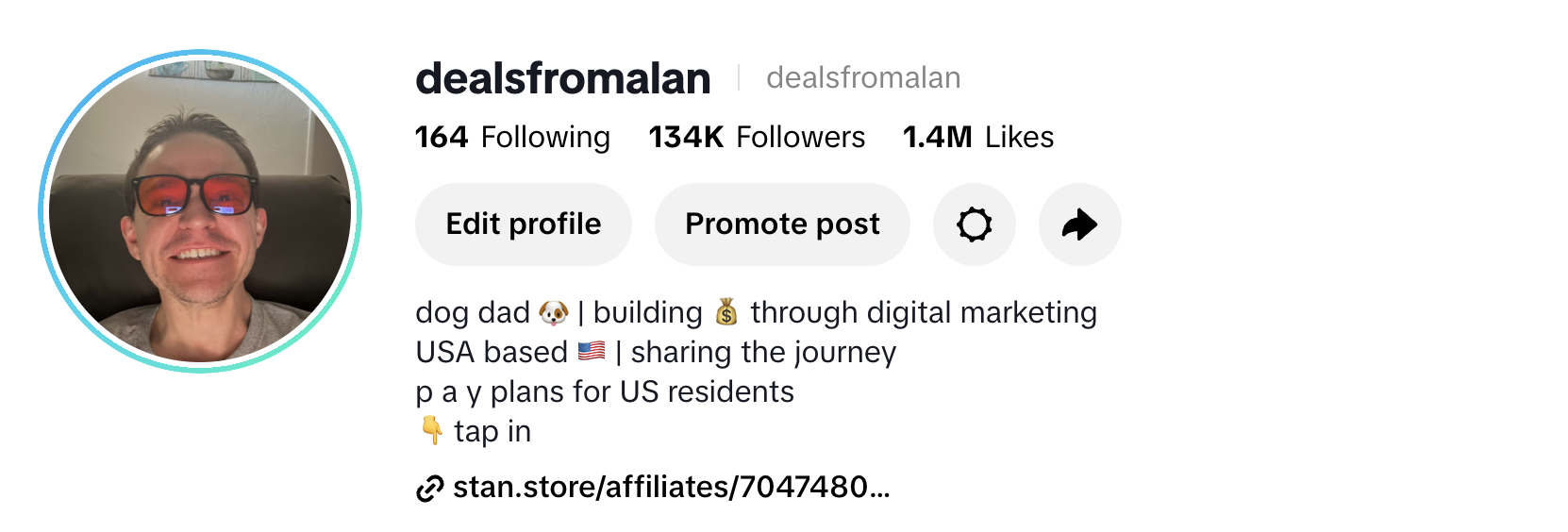 Screenshot of Alan's TikTok profile @dealsfromalan showing 134K followers and 1.4M likes